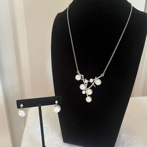 Silver and Faux Pearl Necklace and Earring Set